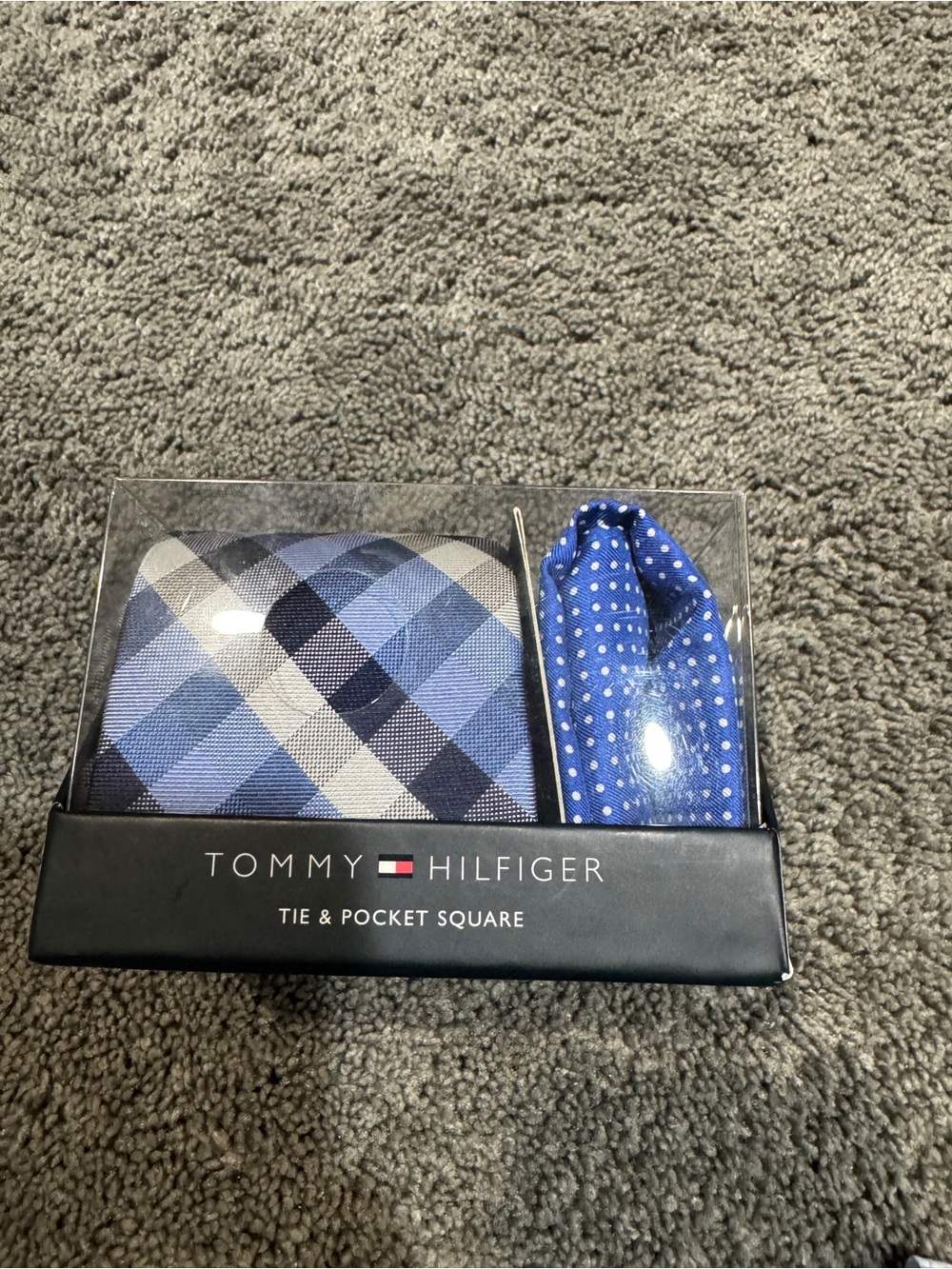 Tommy Hilfiger Blue Plaid Tie & Blue Polka Dot Pocket Square Set